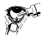 Black and white drawing of an eye dropper dispensing a drop of liquid into the eye