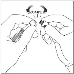 Due mani che tengono un contenitore medico e lo spezzano a metà seguendo una freccia curva con la scritta ROMPERE