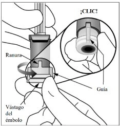 Diagramma che mostra mani che ruotano la base di un dispositivo medico con indicazioni su ranura, guia e vástago del émbolo e un dettaglio del clic
