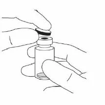 Two hands holding a small glass vial while one hand lifts the top cap to prepare the