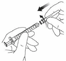 Two hands assembling a syringe with a needle, rotating the top part to attach it to the graduated cylinder body with a directional arrow