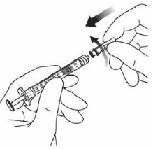 Two hands rotating and separating the components of a pre-filled syringe with black arrows indicating the rotational movement and detachment