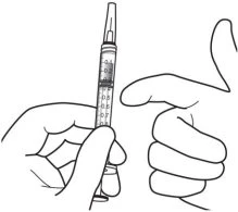 Line drawing of two hands holding a graduated syringe vertically for drug dosage preparation