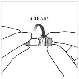 Two hands rotating a cylindrical medical device clockwise following a curved arrow marked with the text ¡ROTATE!
