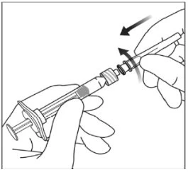 Two hands rotating and inserting a needle into a syringe to connect the syringe barrel with the