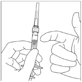 Black line drawing of two hands holding a glass vial with a needle attached at the top for drug preparation