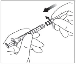 Two hands connecting or disconnecting a needle to a graduated syringe following the direction indicated by a curved black arrow