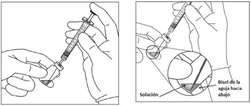Technical drawing showing two hands gripping a syringe with the