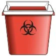 Red biological waste container with a black biohazard symbol in the center and a white lid on top