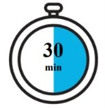 Stylized icon of a stopwatch with the right half colored blue and black text '30 min' in the center of the white dial
