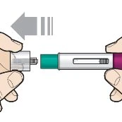 Two hands separating a medical device composed of a transparent cylinder and a main body in white and green, with a gray arrow pointing to the left