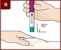 A hand holding a purple and silver cylindrical medical device, preparing to inject it at a 90-degree angle into the skin of the body held by another hand
