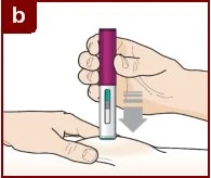 A hand holding a purple and white injection pen while another hand prepares the injection site
