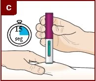 A hand holding a vertical injection pen against the skin of the thigh while a stopwatch displays a 15-second timer