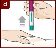 A hand holding a vertical injection device and moving it toward the skin of the abdomen