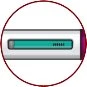 White cylindrical medical device with a turquoise rectangular indicator at the bottom