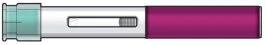 Pen-shaped medical device with a blue cap on the left, a transparent central body with a viewing window, and a dark purple end