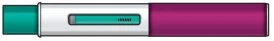 Pen-shaped medical device with a green tip, a white central body with a transparent viewing window, and a dark purple end section