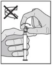 Two hands holding a syringe while one hand rotates the upper part with a curved arrow, and a crossed-out arrow indicates not to rotate it