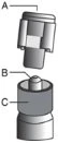 Technical diagram of a medical device with three components labeled A, B, and C arranged vertically in an exploded view