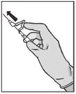 A gloved hand holding a syringe with the needle pointing upwards