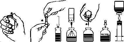 Sequenza di disegni che illustrano le fasi per prelevare il farmaco da un flaconcino con una siringa tramite l'ago