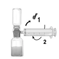 Schema medico che mostra il collegamento tra una siringa e un flaconcino con frecce curve che indicano il movimento di rotazione per il montaggio