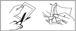 Technical drawing showing a hand cutting a container with scissors and a second hand opening the device by bending it