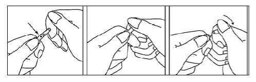 Three sequential drawings show hands gripping and manipulating a medical device to prepare it for use