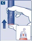 A hand holding a cylindrical blue medical device with an arrow pointing downward