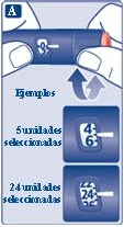 Two hands holding a blue insulin pen with arrows indicating rotation and two boxes showing dosage settings of 46 and 24 units