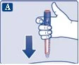 A hand holding a medical pen injector vertically above the skin with a blue arrow pointing downward indicating the pressing motion