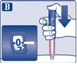 A hand holding an injection pen pointing downward with a blue arrow and a box showing the dose set at 0.2 units