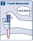 A hand holding an injection pen placed on the skin with a speech bubble indicating to count slowly from one to six