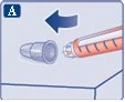 Blue arrow indicating the motion of placing a transparent protective cap onto the tip of an orange medical device