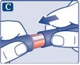 Two hands holding a blue and orange cylindrical medical device while an arrow indicates a sliding movement to the left