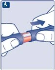 Two hands holding a cylindrical blue and orange medical device with a blue arrow indicating movement to the right