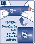 Illustration of a hand holding an injection pen with a display showing 16 units remaining and an arrow indicating the dose counter