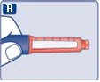 A hand holding a cylindrical blue and orange medical device with a central transparent window on a light blue background
