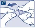 Two hands holding and rotating a small medical device to the left, indicated by a blue arrow above