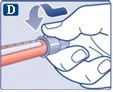 A hand pressing the thumb downward on the top of a medical device with a curved arrow indicating downward movement