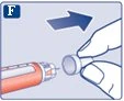 A hand placing a white protective cap onto the tip of a syringe with an orange body, with a blue arrow indicating movement to the right