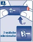 Hands holding a blue insulin pen with indicator set at 9 units and an enlarged detail of the display showing 2 units selected