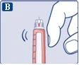 A hand holding a cylindrical medical device vertically with a thin tip while emitting lateral vibration signals