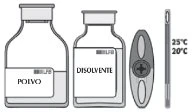 Technical drawing of a vial with powder, a vial with solvent, an oval ampoule, and a needle next to temperature indications of 25°C and 20°C