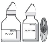 Technical drawing of two medical vials, one containing powder and the other