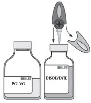 Diagram showing a vial of powder and a vial of solvent with a cap being removed for mixing the two components