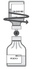 Diagram illustrating the pouring of solvent from one vial into another vial containing powder for drug reconstitution