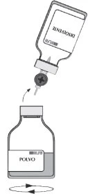 Illustration of a powder vial with a solvent vial tilted above it for reconstitution