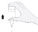 A hand holds a glass vial with a finger on the cap and a black arrow pointing towards the